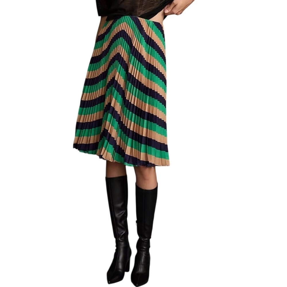 Maeve Anthropologie Women‎ Size 14 Skirt Long Midi Valerie Pleated Green Navy